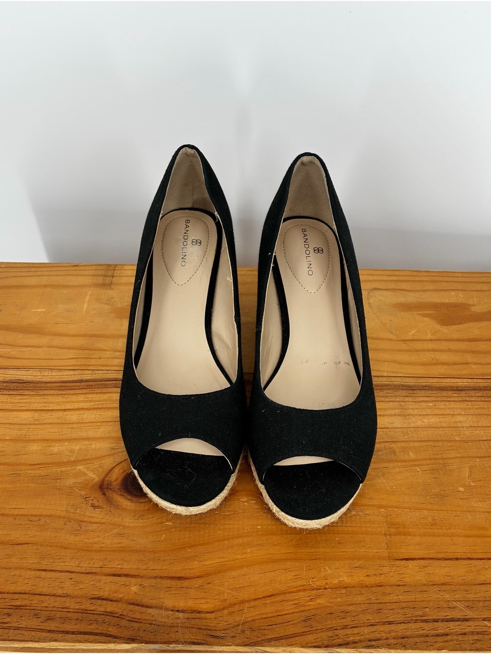 Bandolino Black Canvas Peep Toe Espadrille Wedges Size 7